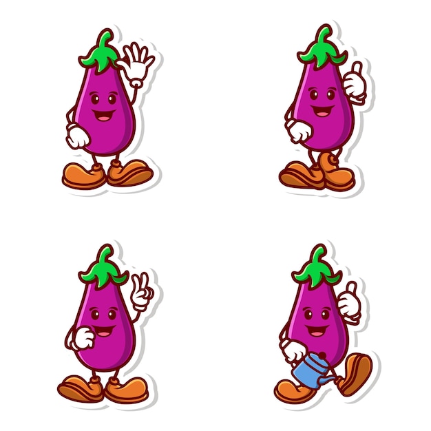 set vector cute cartoon character of eggplant isolated