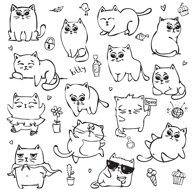 Set di simpatici gatti vettoriali dal design semplice per il design di biglietti di auguri per bambini, stampa t-shirt, poster di ispirazione.