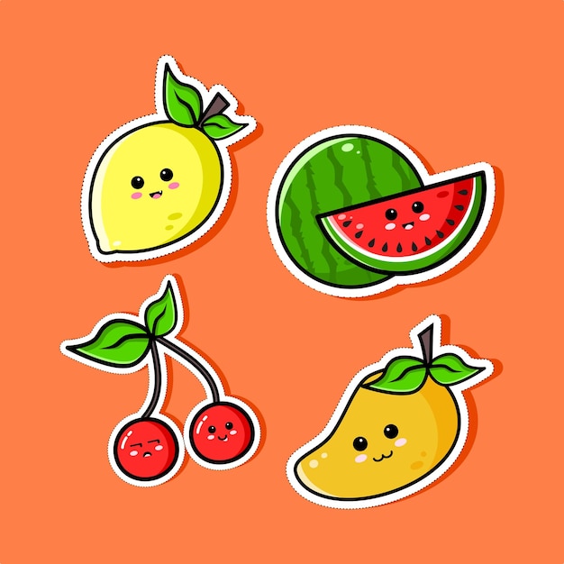 Set di vettore carino frutta adesivi divertente cartone animato icona disegno vettoriale
