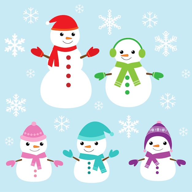 Vector set of vector cute snowmen and snowflakes