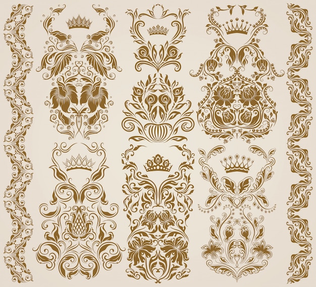 Set of vector damask ornaments, patterns.