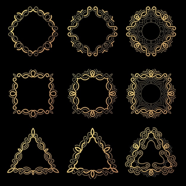 Set of vector decorative isolated framework for creation of logos, badges, labels, monograms. Embossed gold foil on a black background. Concept design of business products and services. Vintage frame.