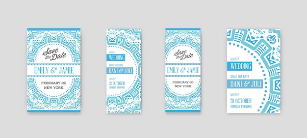 Set of vector design awesome wedding invitation template with mandala or doodles theme save the date christmas eve mothers day valentines day birthday cards invitations or baby shower