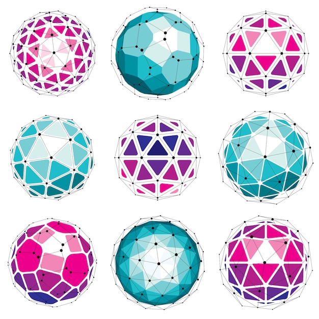 Set of vector dimensional wireframe low poly objects, spherical facet shapes with grid. Technology 3d mesh elements collection can be used as design forms in engineering.