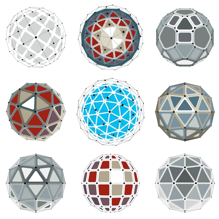 Vector set of vector dimensional wireframe low poly objects, spherical facet shapes with grid. technology 3d mesh elements collection can be used as design forms in engineering.