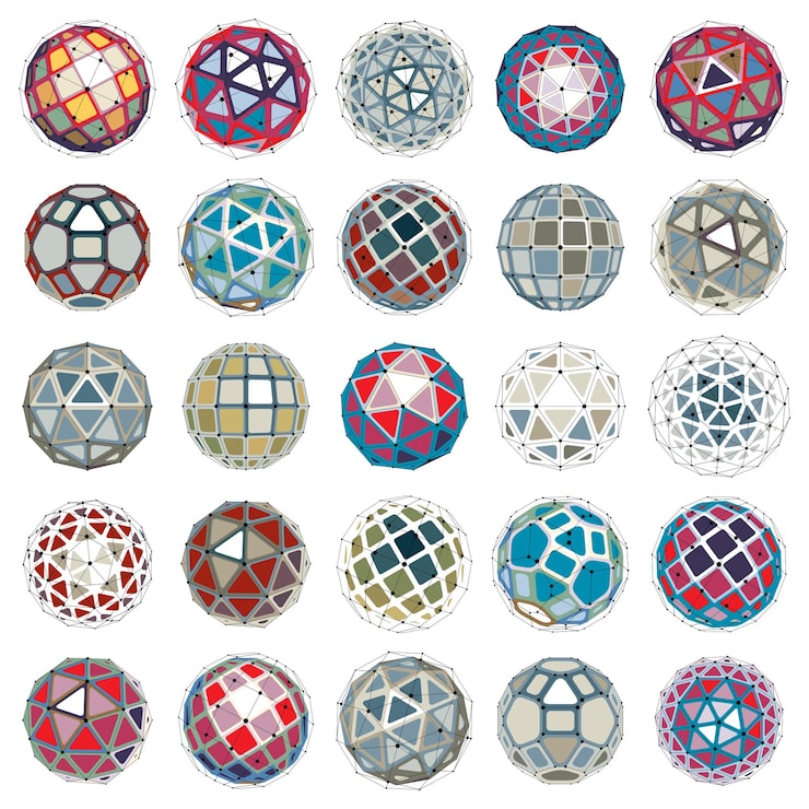 Vector 벡터 차원 와이어프레임 낮은 폴리 개체, 격자가 있는 구형 면 모양의 집합입니다. 기술 3d 메쉬 요소 컬렉션은 엔지니어링의 디자인 형식으로 사용할 수 있습니다.