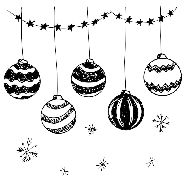 Set di palle disegnate a mano di natale in bianco e nero di doodle di vettore