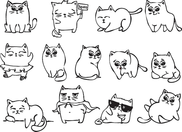 子供のグリーティングカードデザインTシャツプリントインスピレーションポスターのためのシンプルなデザインのベクトル落書きかわいい猫のセット