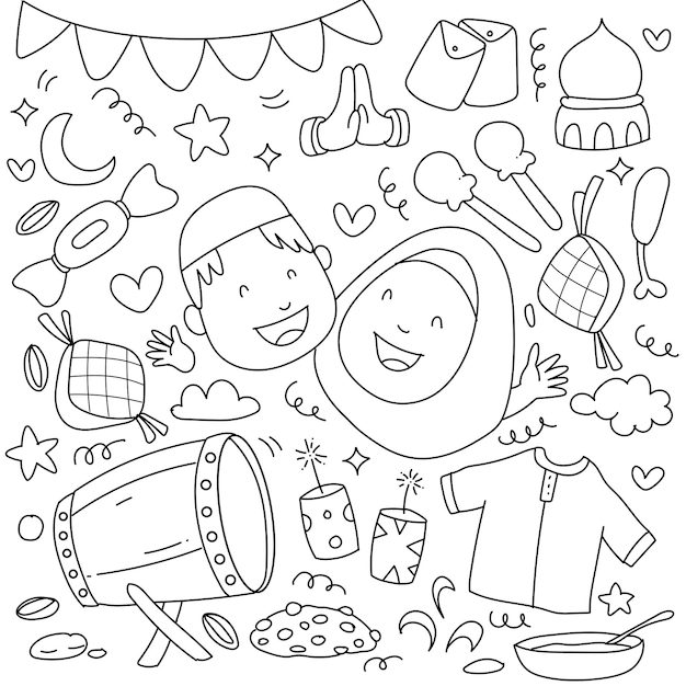 Set of vector doodle element celebrate of Eid Mubarak