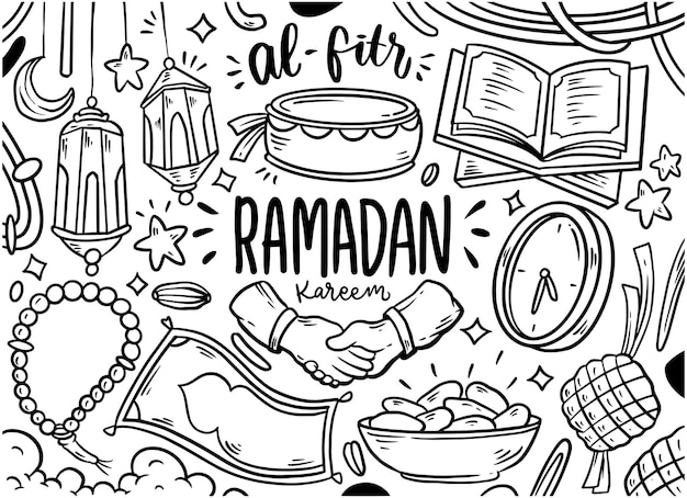 Vettore insieme dell'elemento di doodle di vettore celebra di ramadan kareem