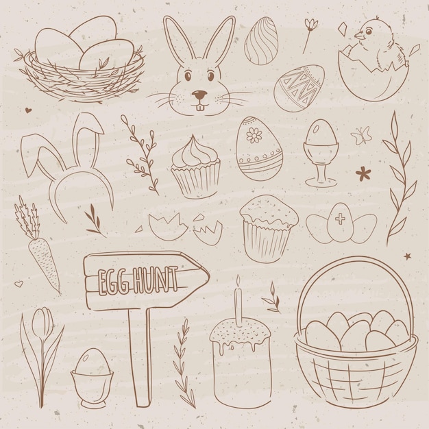 Set of vector doodles for easter in vintage style