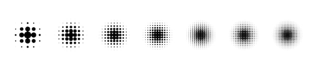 Set of vector dotted circle halftone patterns