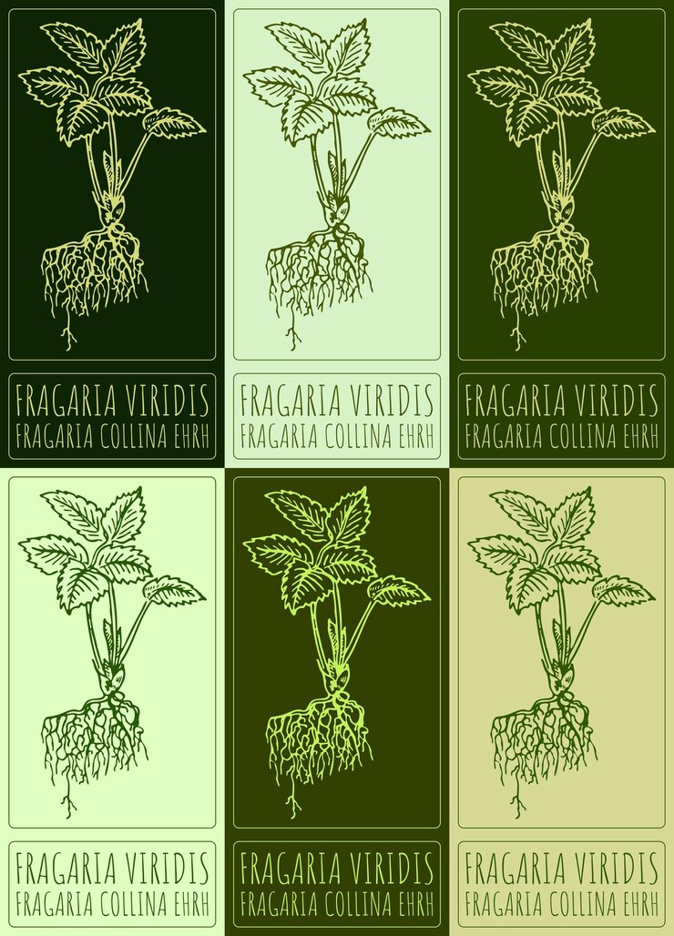 Vector set of vector drawing fragaria viridis in various colors hand drawn illustration latin name is fragaria collina ehrh
