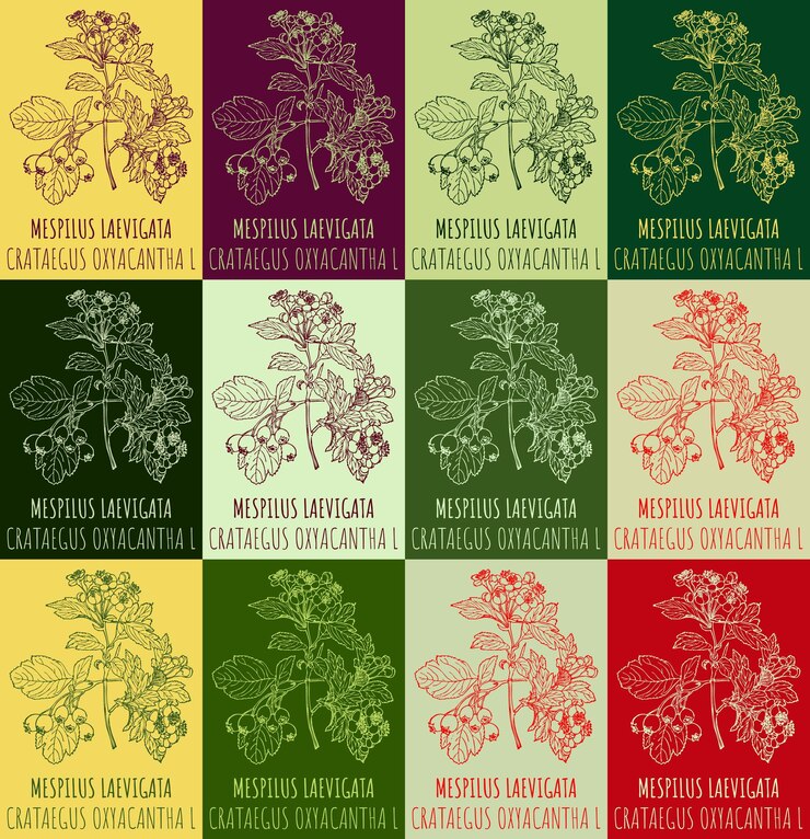 Vector set of vector drawing of mespilus laevigata in various colors hand drawn illustration latin name crataegus oxyacantha l