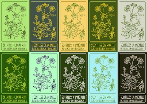 Set vector drawing of SCENTLESS CHAMOMILE in various colors Latin name TRIPLEUROSPERMUM INODORUM L