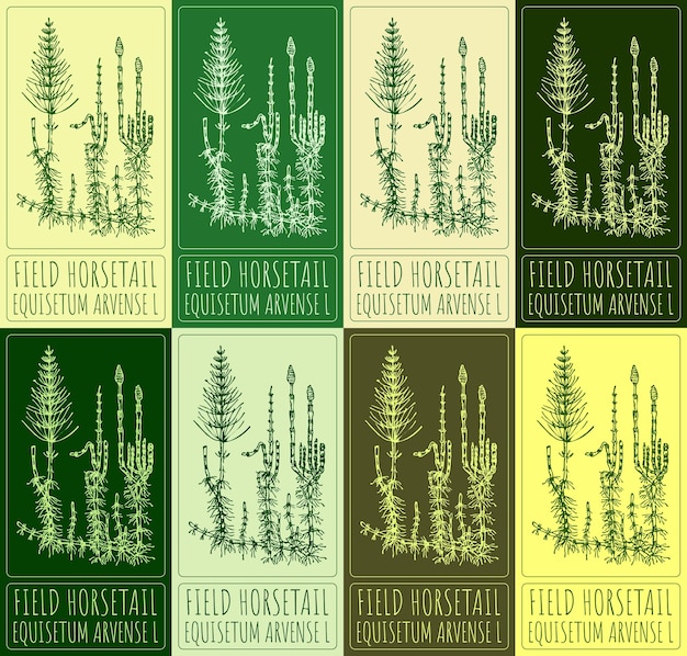 Set of vector drawings of FIELD HORSETAIL in different colors Hand drawn Latin EQUISETUM ARVENSE L