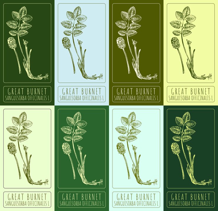 Vector set of vector drawings of great burnet in different colors latin name sanguisorba officinalis l