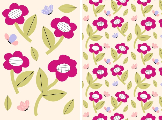 Set of vector drawings and isolated floral elements with bright flowers and butterflies Spring and