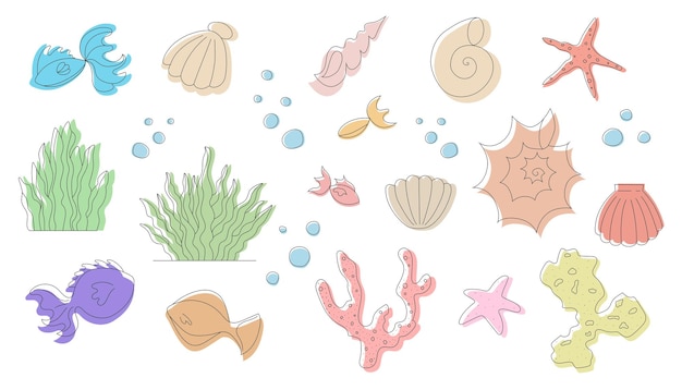 Set of vector drawings with underwater elements seashells seaweed corals and fish