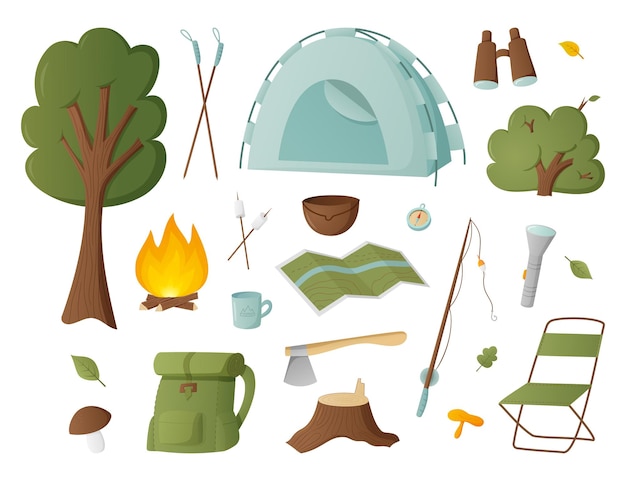 Set of vector elements of camping and hiking in the forest