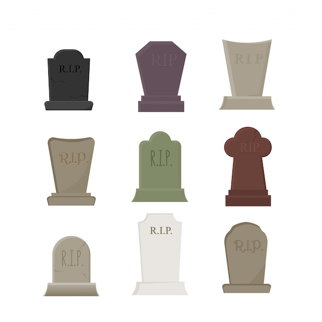 Vector set of vector elements for halloween, cemetery and graves with tombstones, isolated on white