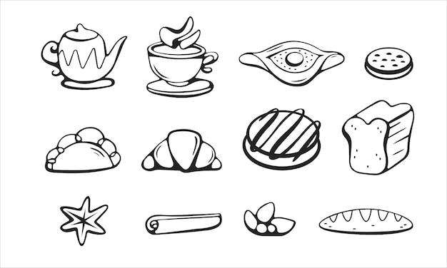 Set of vector elements on the theme of baking and tea drinking in cartoon line style