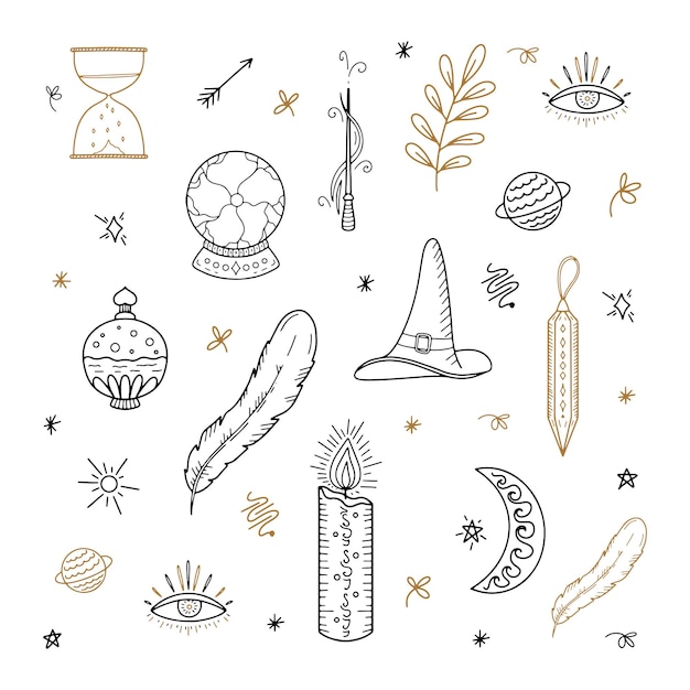 Vector set vector elements of witch magic drawn doodles