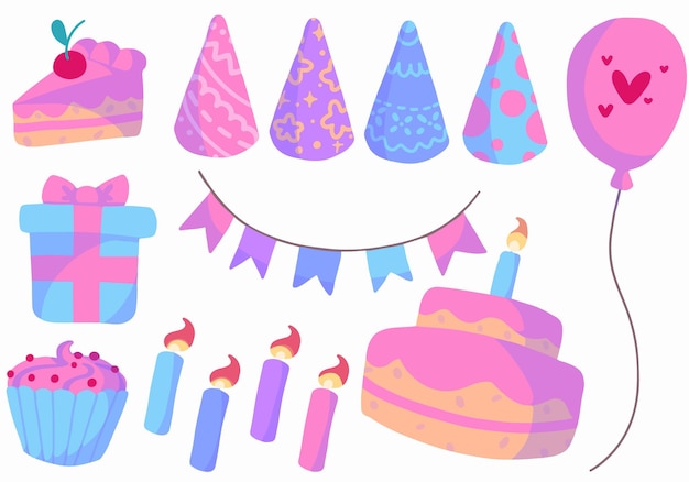 A set of vector elements with different festive caps, a piece of cake, a balloon, a gift, candles and a pie, for a birthday