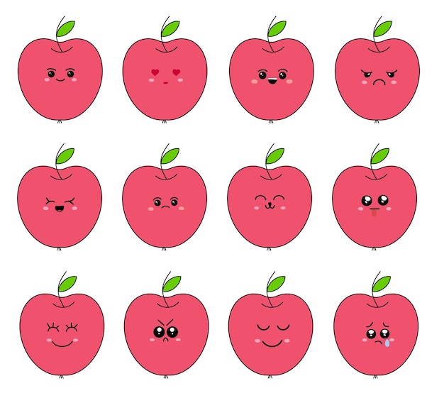 Set of vector emoticons on a red apple Funny cartoon emoticons