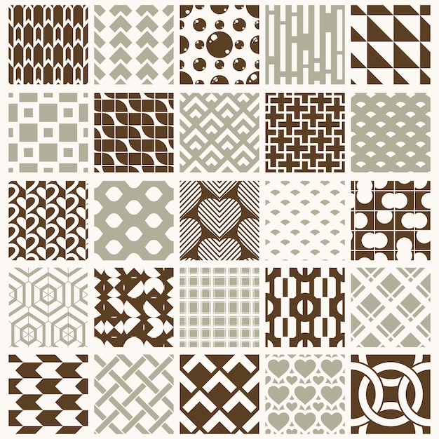 Набор векторных бесконечных геометрических узоров, состоящих из различных фигур, таких как ромбы, квадраты и круги. 25 графических плиток с орнаментальной фактурой можно использовать в текстиле и дизайне.
