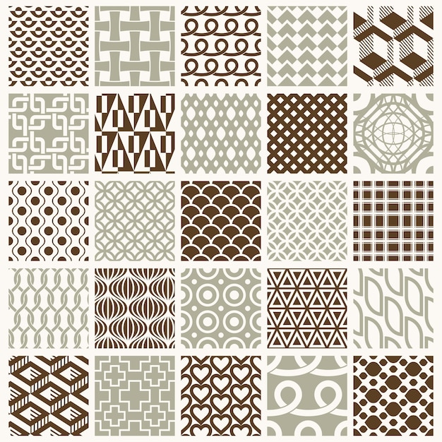 Set of vector endless geometric patterns composed with different figures like rhombuses, squares and circles. 25 graphic tiles with ornamental texture can be used in textile and design.