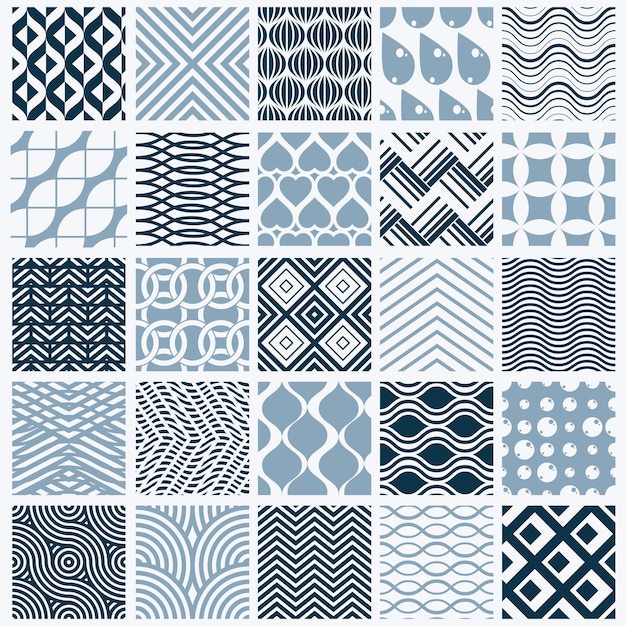 Set of vector endless geometric patterns composed with different figures like rhombuses, squares and circles. graphic ornamental tiles made in black and white colors.