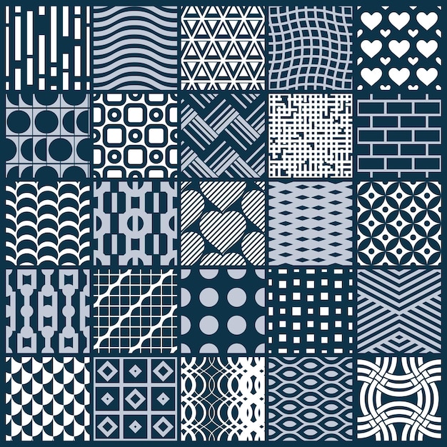 Set of vector endless geometric patterns composed with different figures like rhombuses, squares and circles. Graphic ornamental tiles made in black and white colors.