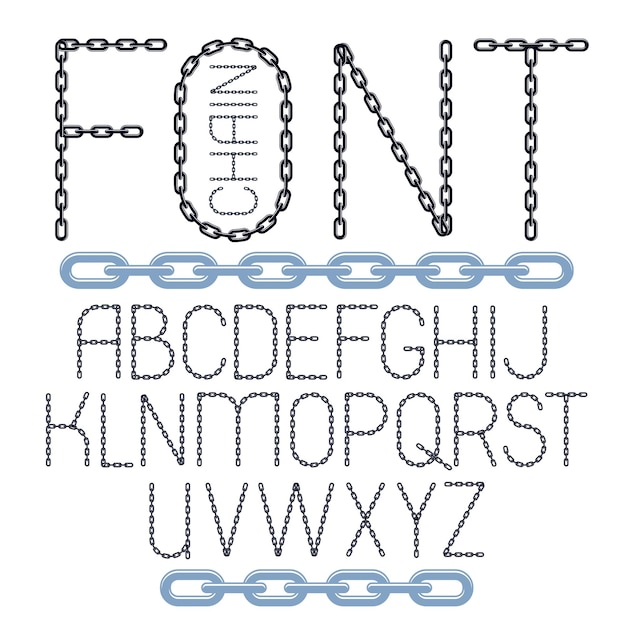 Набор векторных букв английского алфавита изолирован. Креативный шрифт в верхнем регистре, выполненный из стального звена цепи, соединенного звеном.