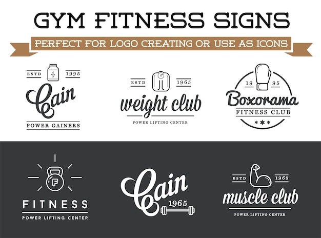 Vector set of vector fitness aerobics gym elements and logotype signs can be used as logo or icon in premium quality