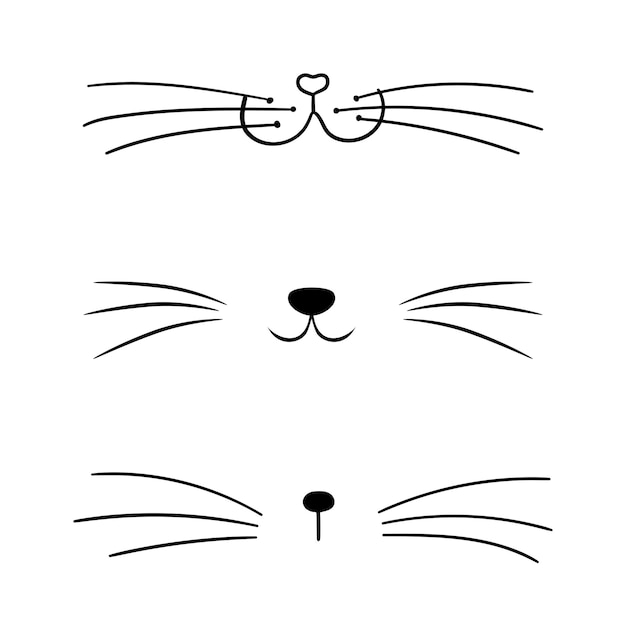 Set of vector flat cat heart nose Cute cat face silhouette icon collection Logo illustration isolated on white background