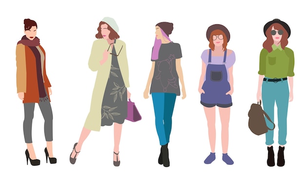 Set of vector flat illustrations of cute model girls