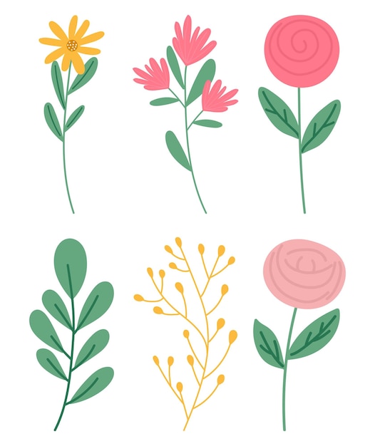 Vector set of vector flowers hand drawn in flat style isolated on white background