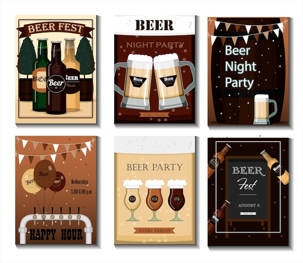 Una serie di volantini vettoriali per una festa della birra o un'illustrazione piatta pubblicitaria con boccali di birra ape...