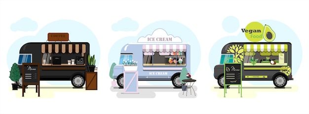 Set di camion di cibo vettoriale con ciambelle di pizza e gelato illustrazione vettoriale piatta di un fast food