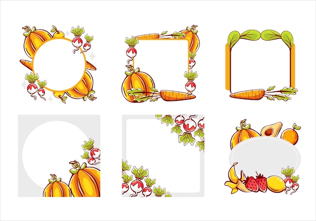 A set of vector frames on the theme of fruits and vegetables in cartoon comic style