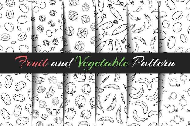 Set of vector fruit and vegetable patterns.