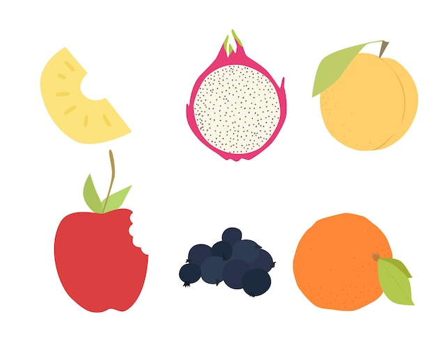 Set of vector fruits. Design of currant, apple, orange, dragon fruit, pineapple, peach