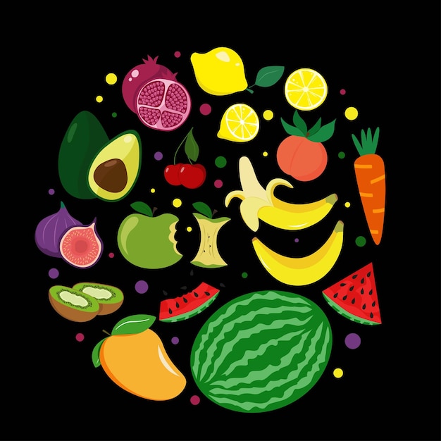 Vector set of vector fruits and vegetables in a circle composition of isolated objects