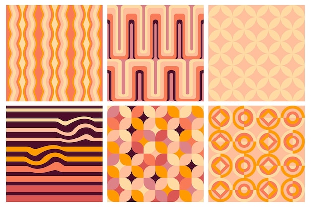 Vector set of vector geometric seamless patterns groovy vibes of 70s psychedelic pattern designs disco