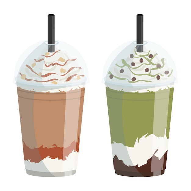 Set of vector glasses with different types of takeaway cold coffee.