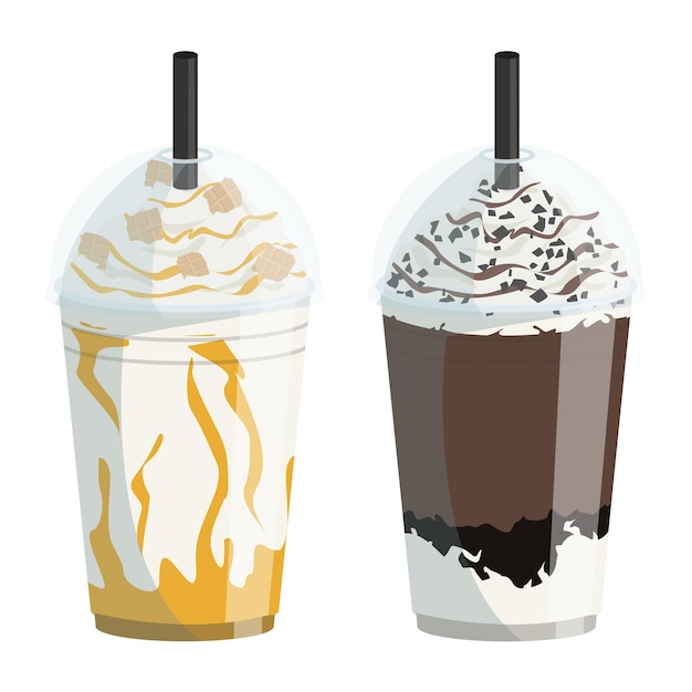 Набор векторных стаканов с различными видами холодного кофе на вынос.