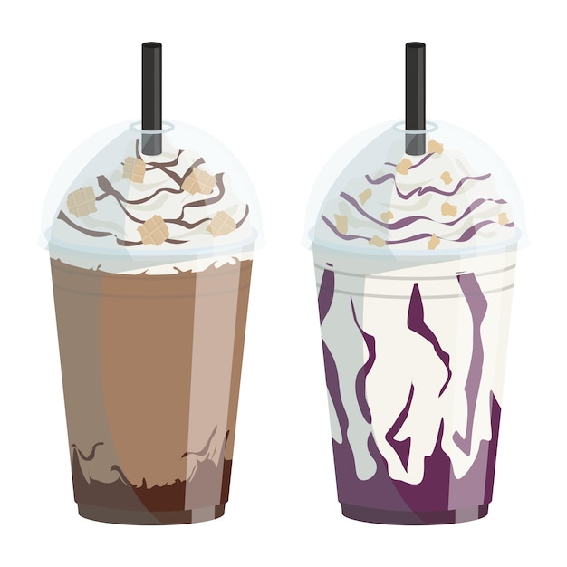 Set of vector glasses with different types of takeaway cold coffee.