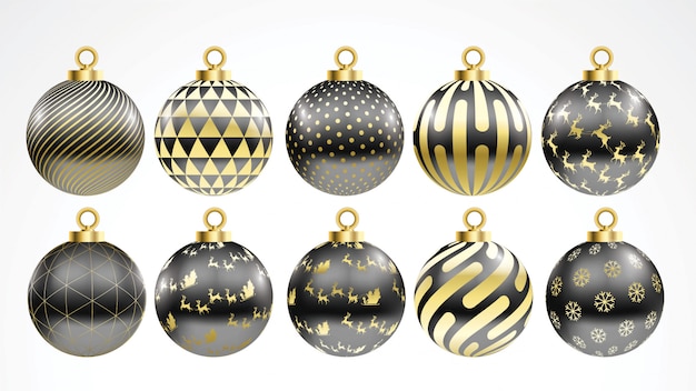 Set of vector gold and black christmas balls with ornaments