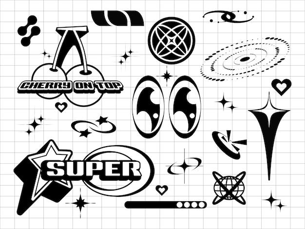 Set of vector graphic asset for streetwear design Retro futuristic element in Y2K for apparel